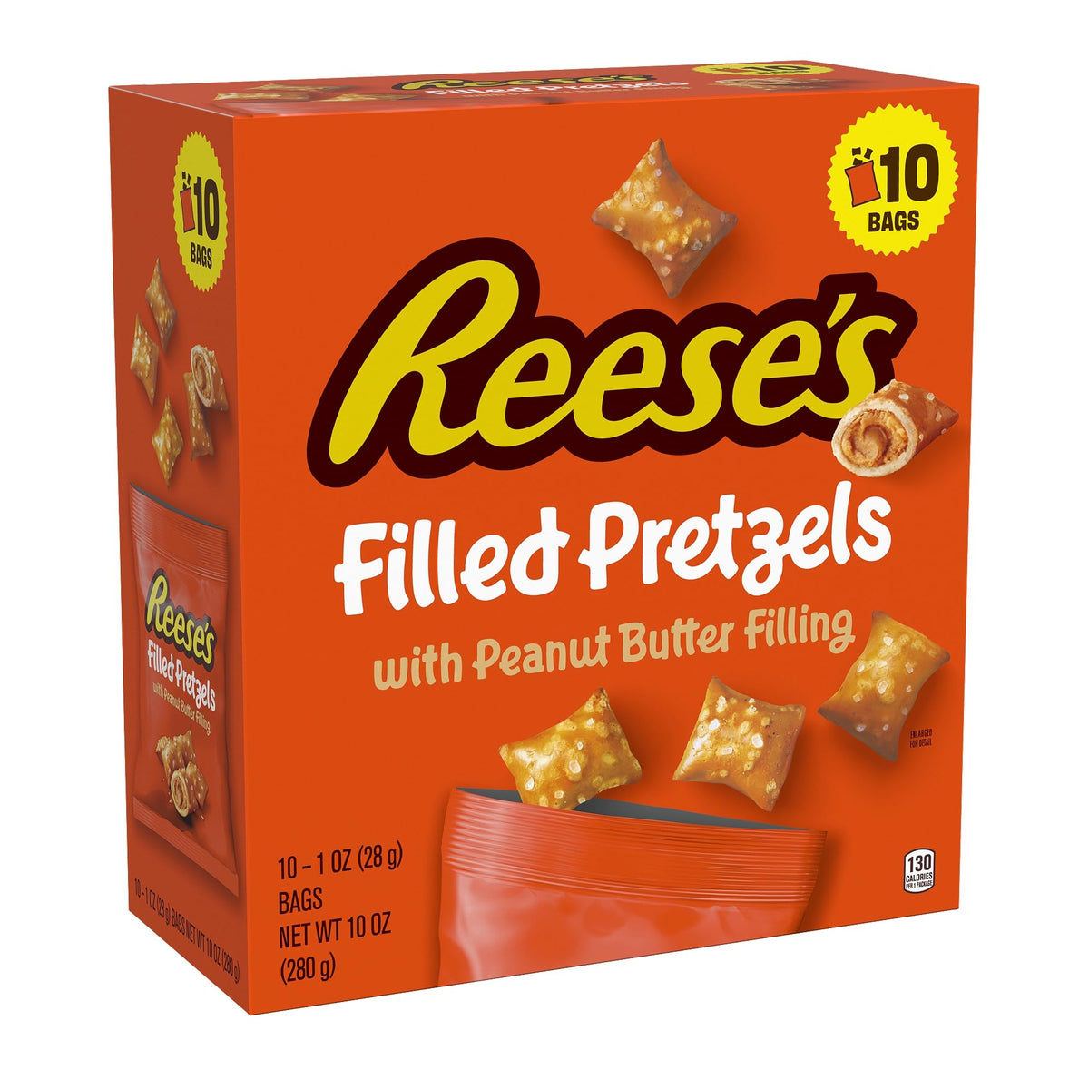 Reese's filled pretzels with crunchy pretzel shell and peanut butter filling, ready-to-eat snack