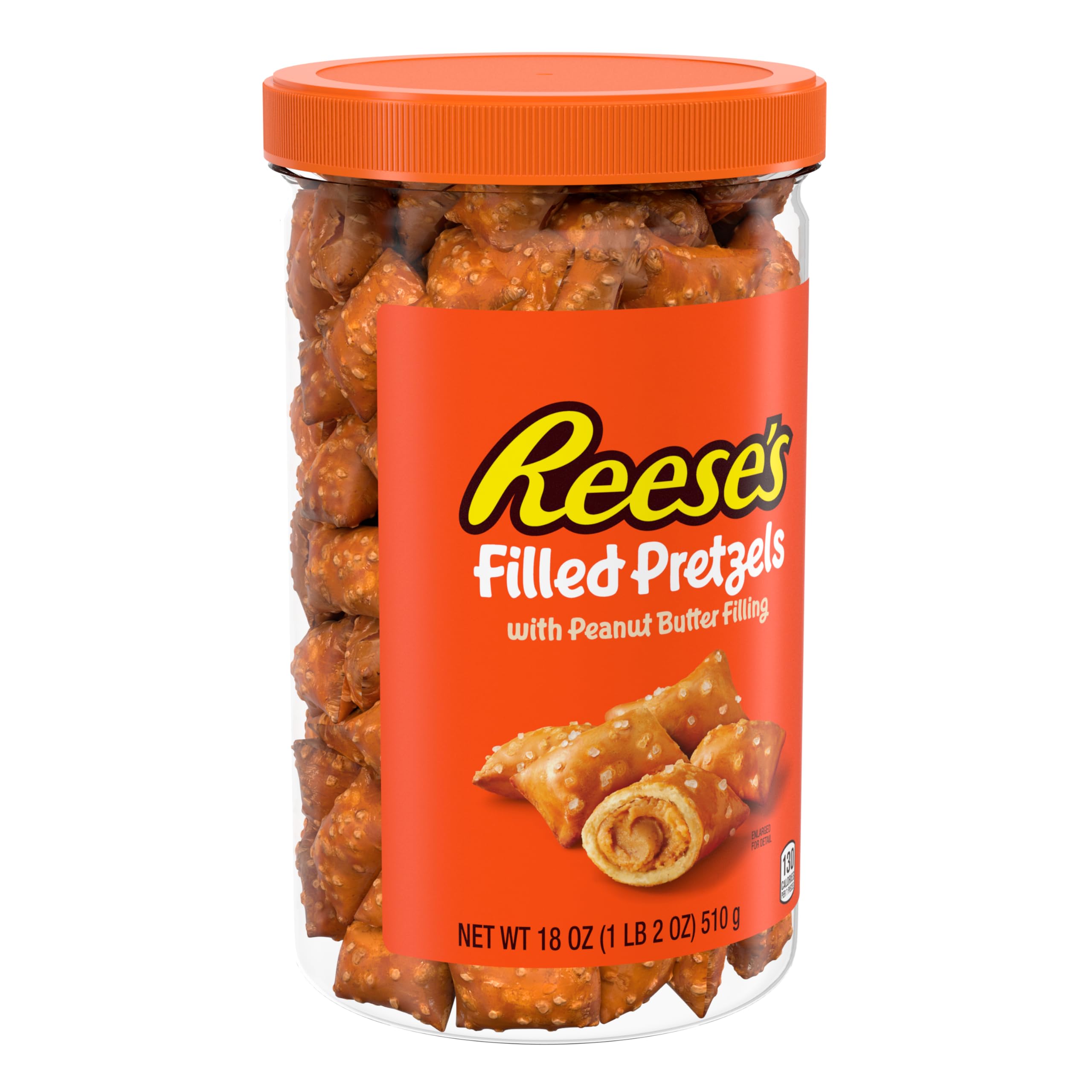 Reese's Filled Pretzels jar top view, convenient crunchy peanut butter snack.