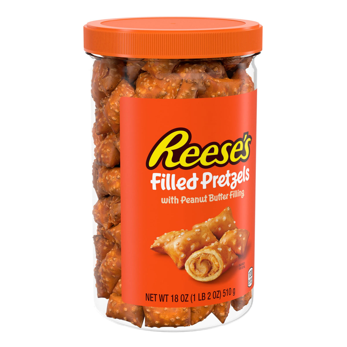 Reese's Filled Pretzels jar top view, convenient crunchy peanut butter snack.