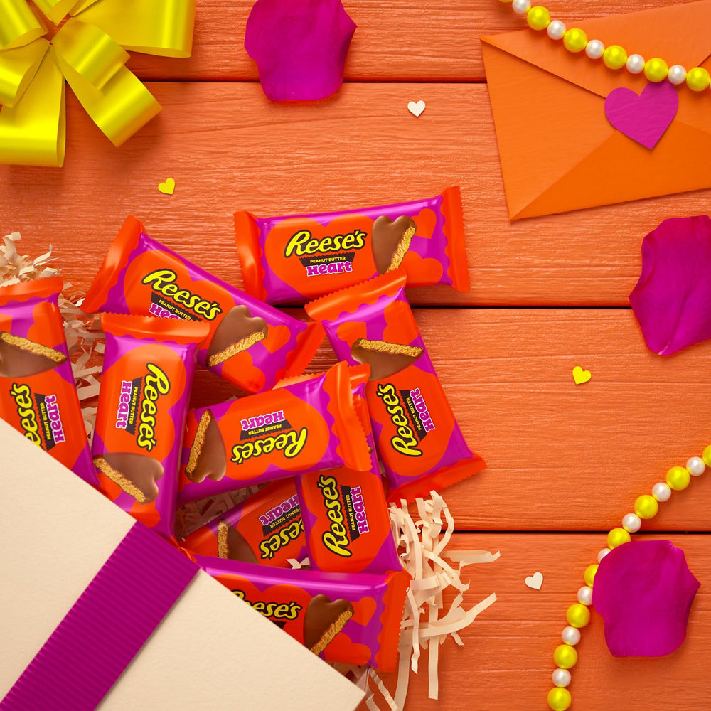 Heart-shaped chocolate candy packaging showing Reese's signature style