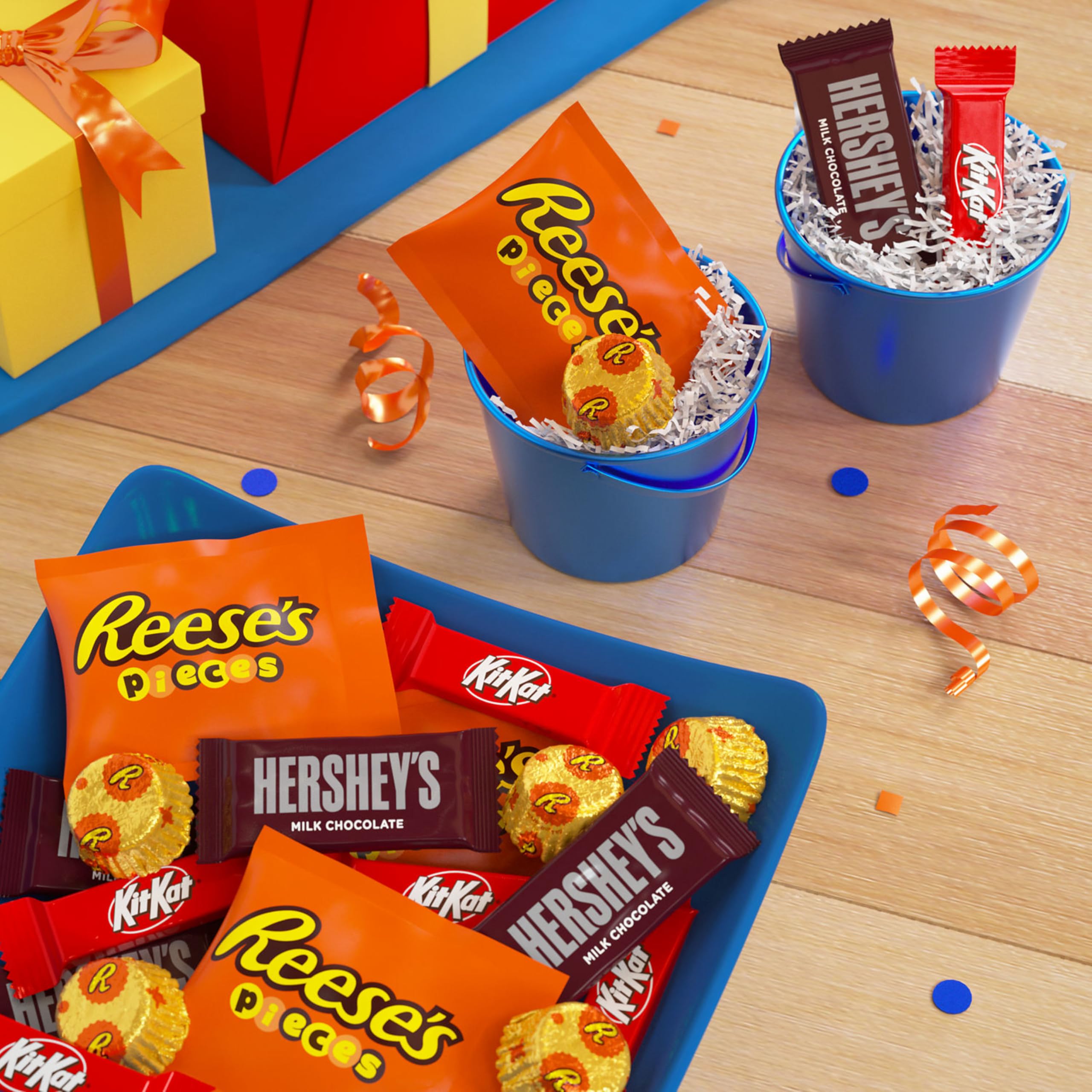 Reese's Pieces peanut butter candy miniatures add color to party snacking.