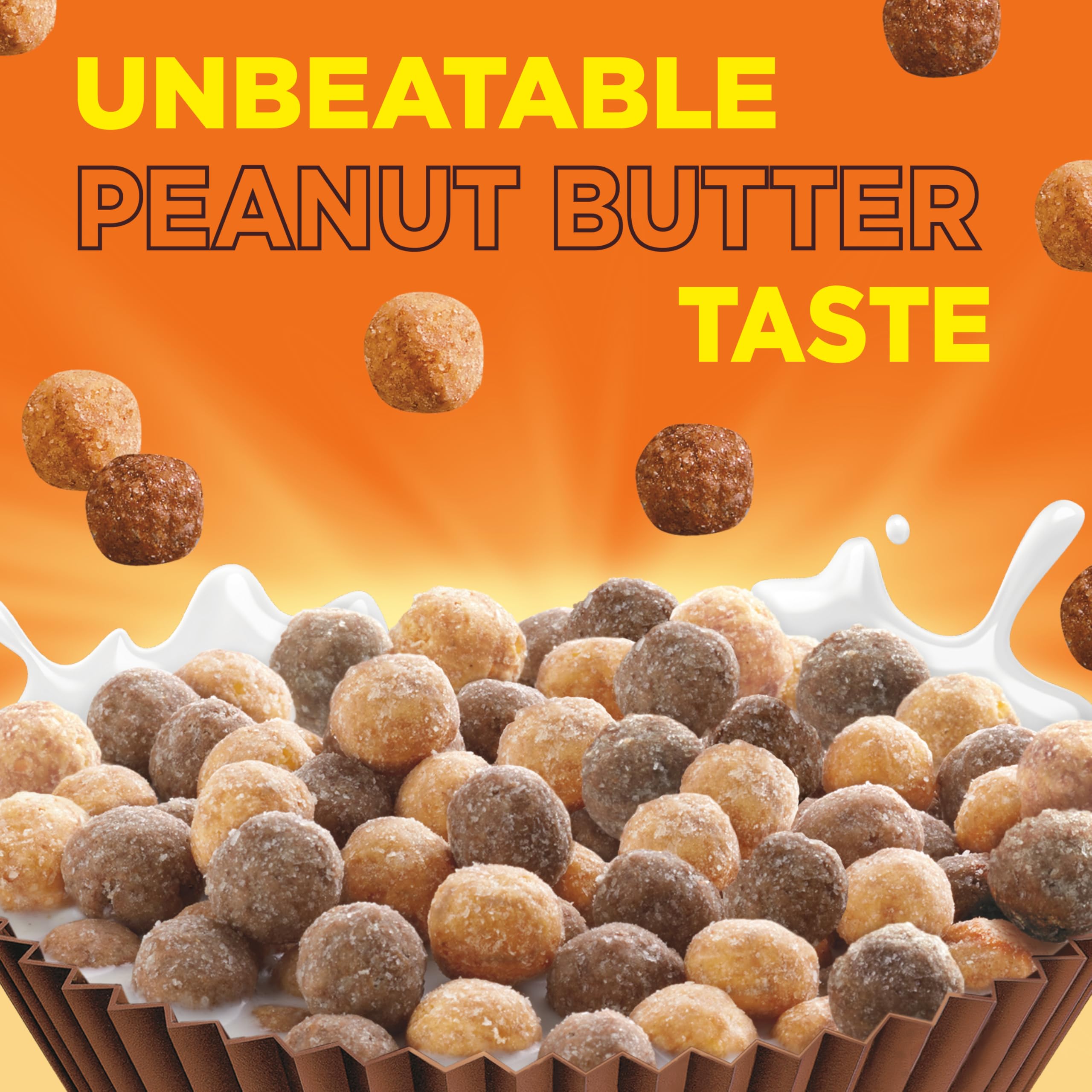 Reese's Puffs cereal pouring into a bowl with milk.