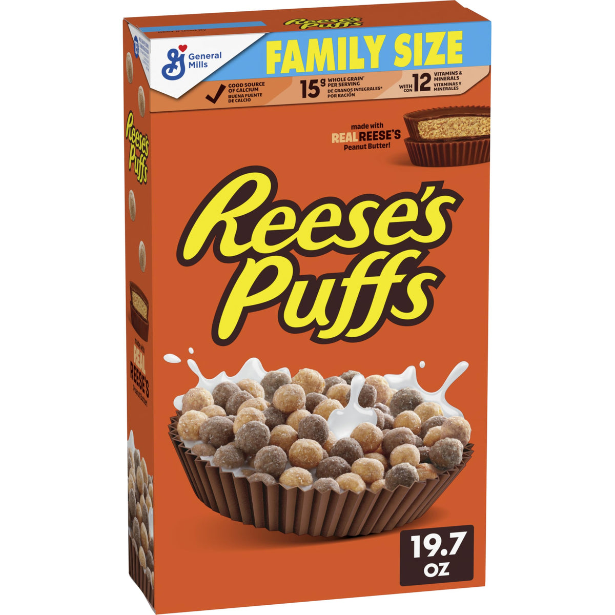 REESE'S PUFFS chocolatey peanut butter cereal box front for family breakfast