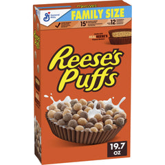 REESE'S PUFFS chocolatey peanut butter cereal box front for family breakfast