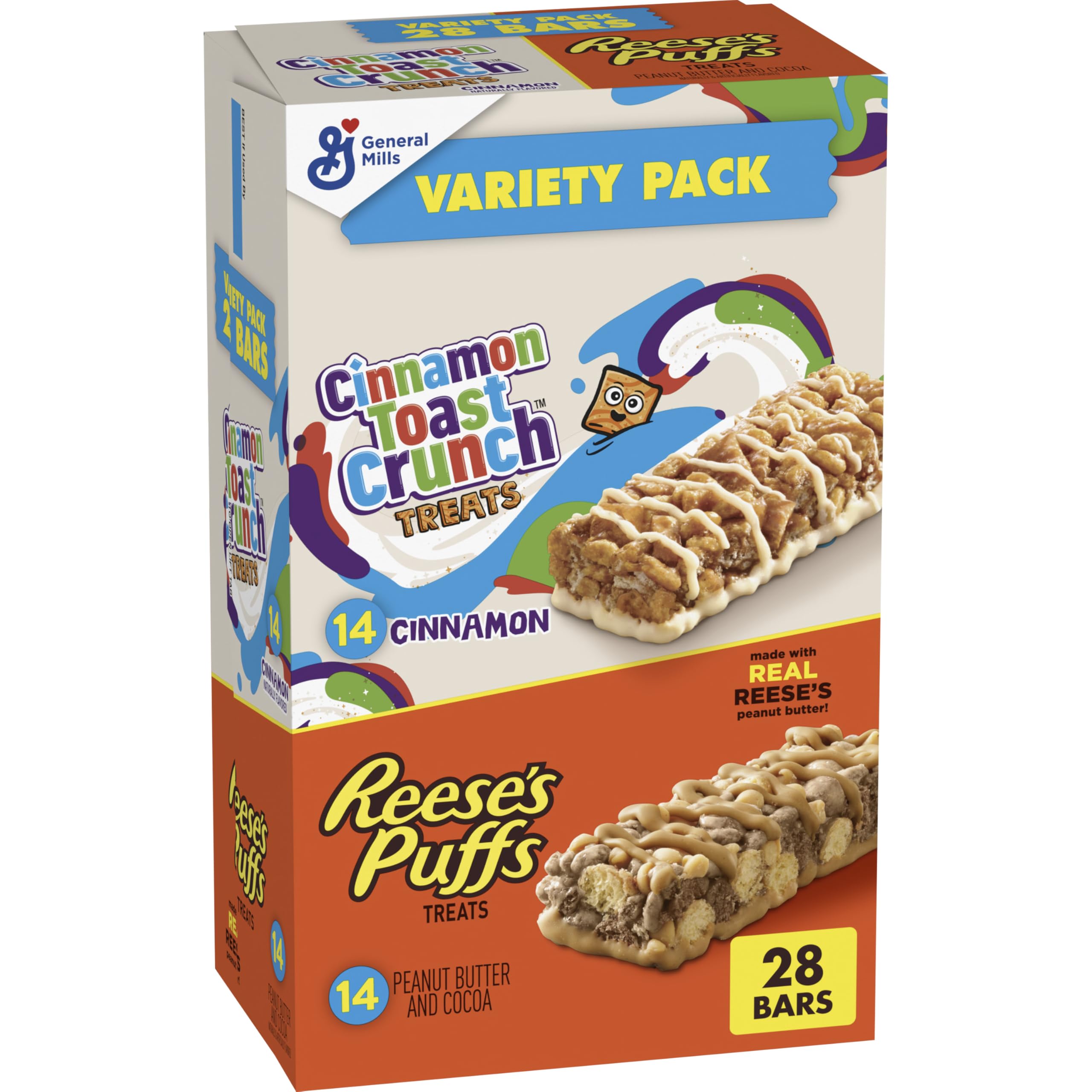 Reese's Puffs Cinnamon Toast Crunch treat bars box front for pantry storage