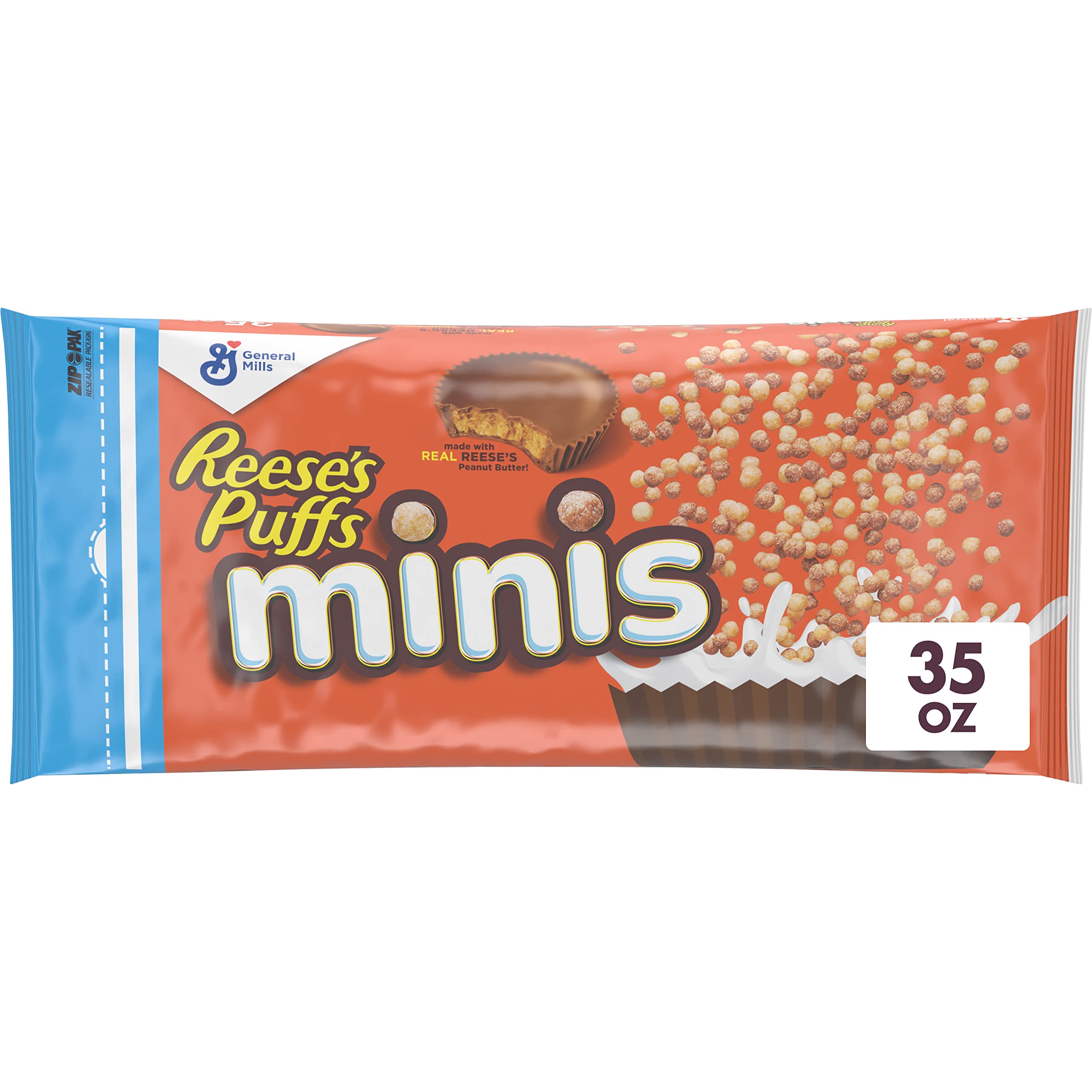 REESE'S PUFFS Minis bowl pour—crunchy chocolate peanut butter bites for quick breakfast.