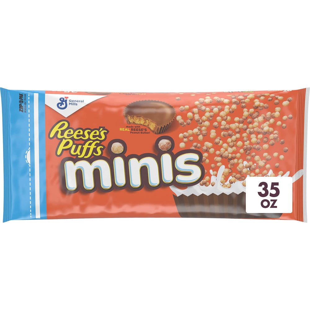REESE'S PUFFS Minis bowl pour—crunchy chocolate peanut butter bites for quick breakfast.