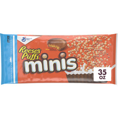 REESE'S PUFFS Minis bowl pour—crunchy chocolate peanut butter bites for quick breakfast.