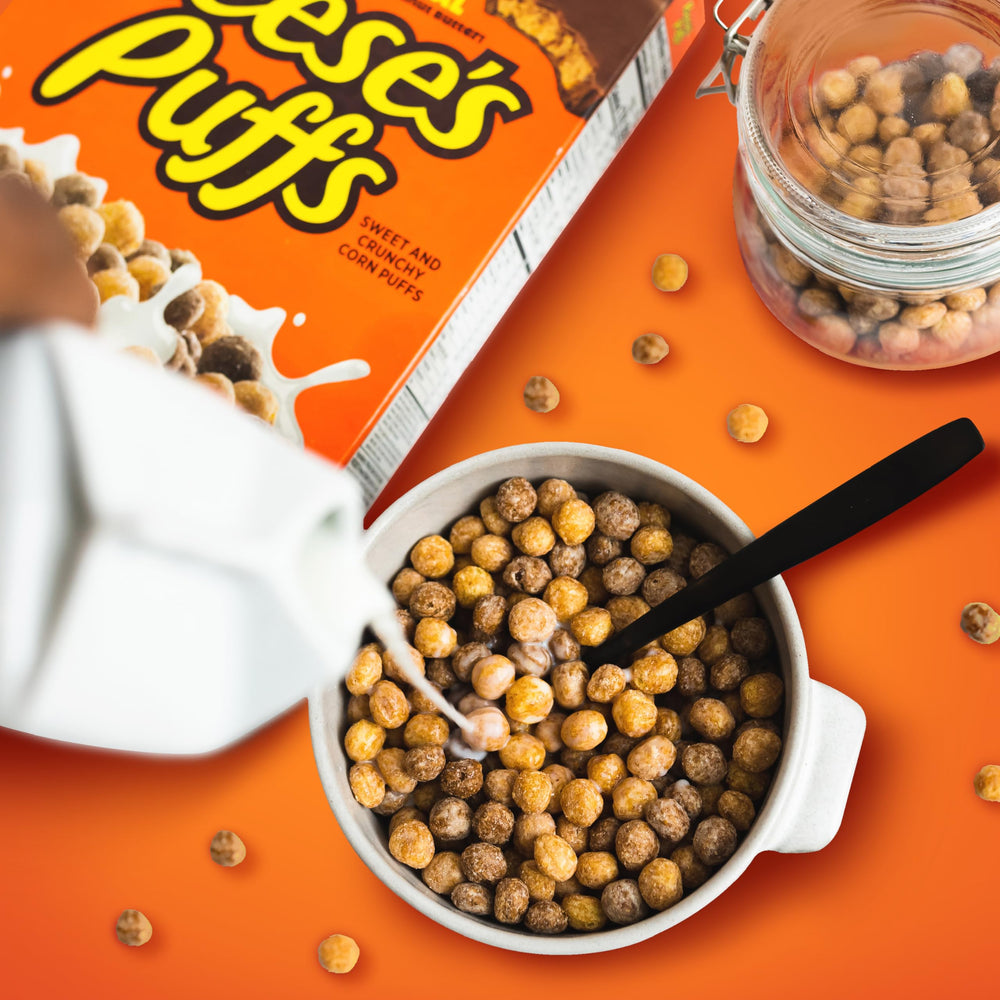 Reese's Puffs real peanut butter flavor in crispy corn puffs.