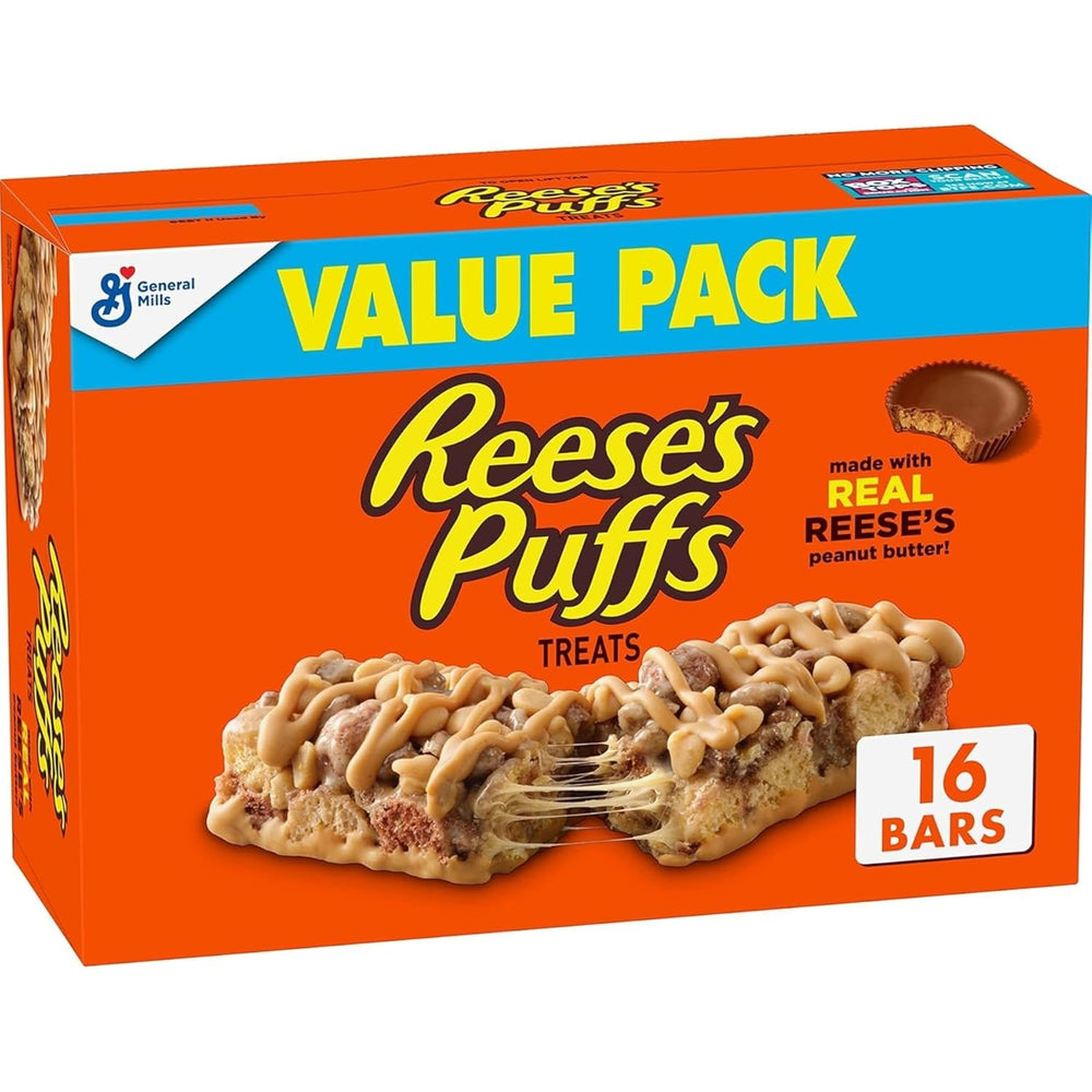 REESE'S Puffs Treat Bars box featuring peanut butter and cocoa flavor for family snacking.