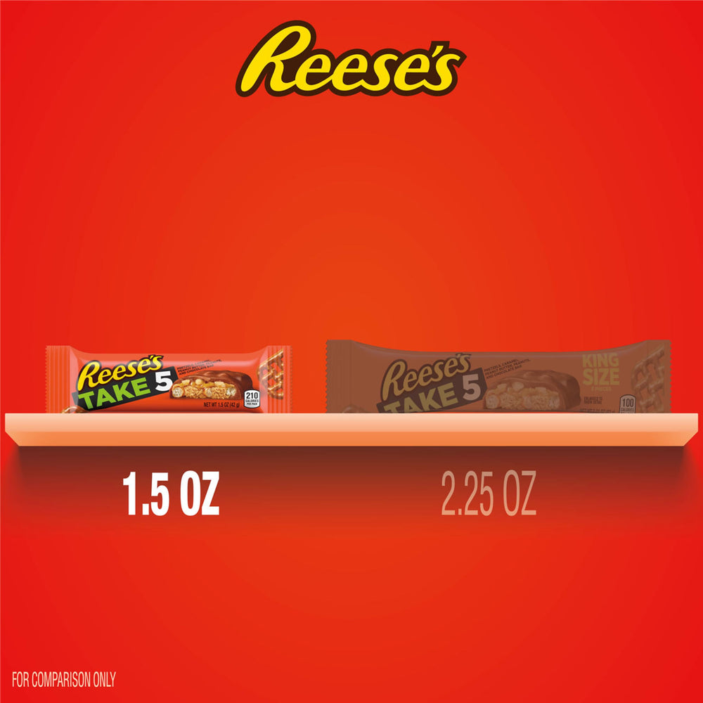 REESE'S Take 5 packaging on shelf showcases multi-layer candy bars for versatile snacking.