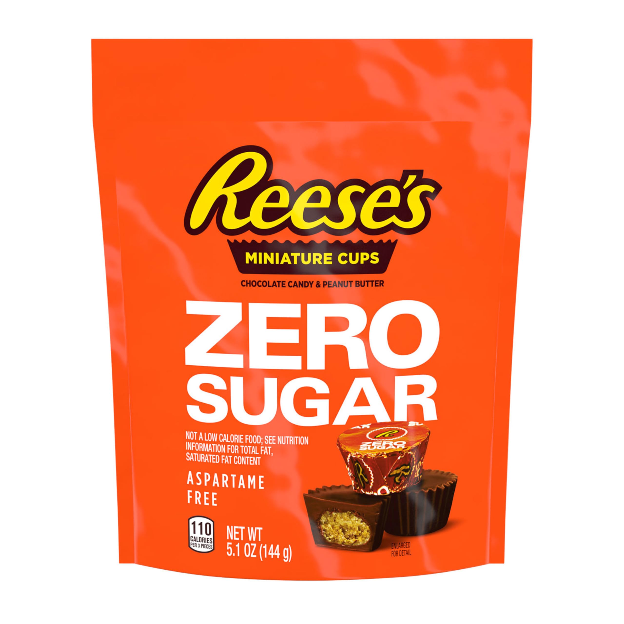 Packaged REESE'S Zero Sugar Miniatures highlighting kosher and aspartame-free status