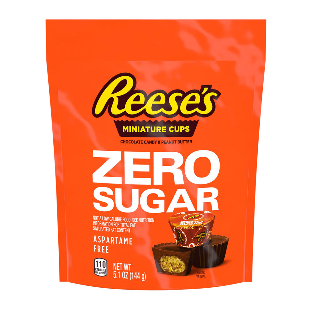Packaged REESE'S Zero Sugar Miniatures highlighting kosher and aspartame-free status
