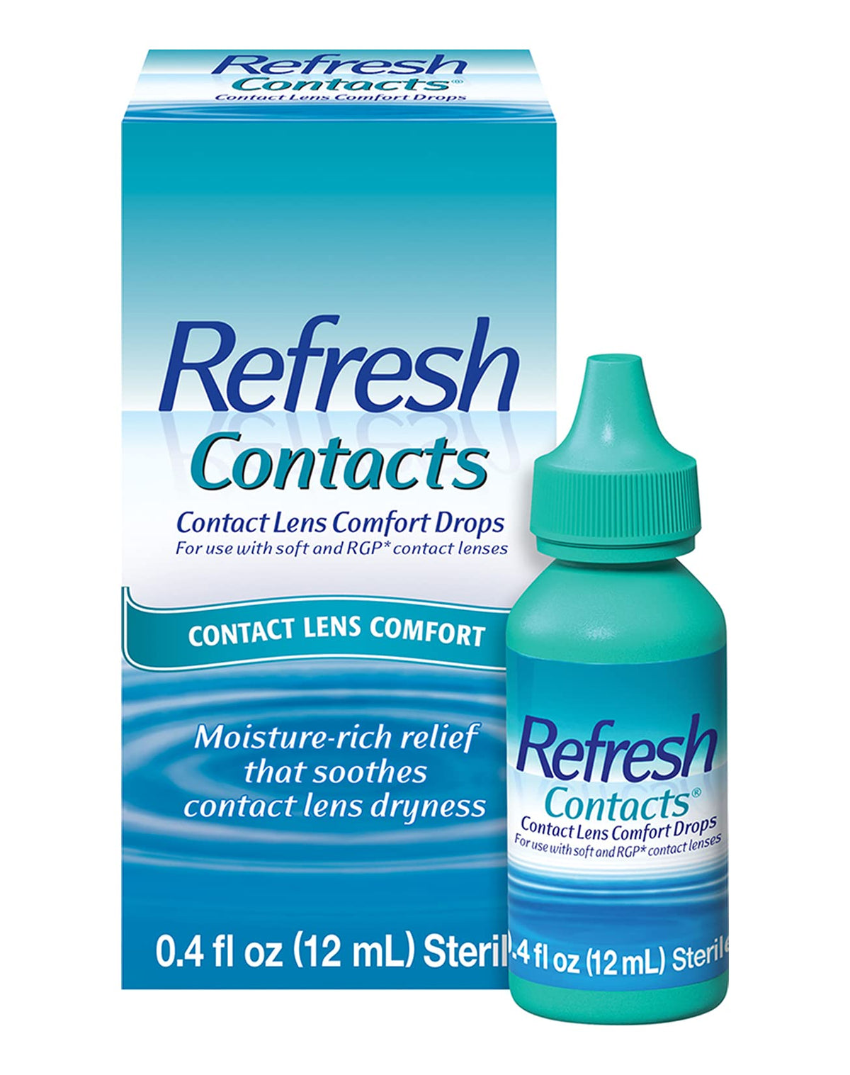 Refresh Contacts eye drops bottle pouring to soothe dry eyes during lens wear.