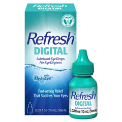 Refresh Digital Lubricant Eye Drops bottle on a clean surface for on-the-go comfort
