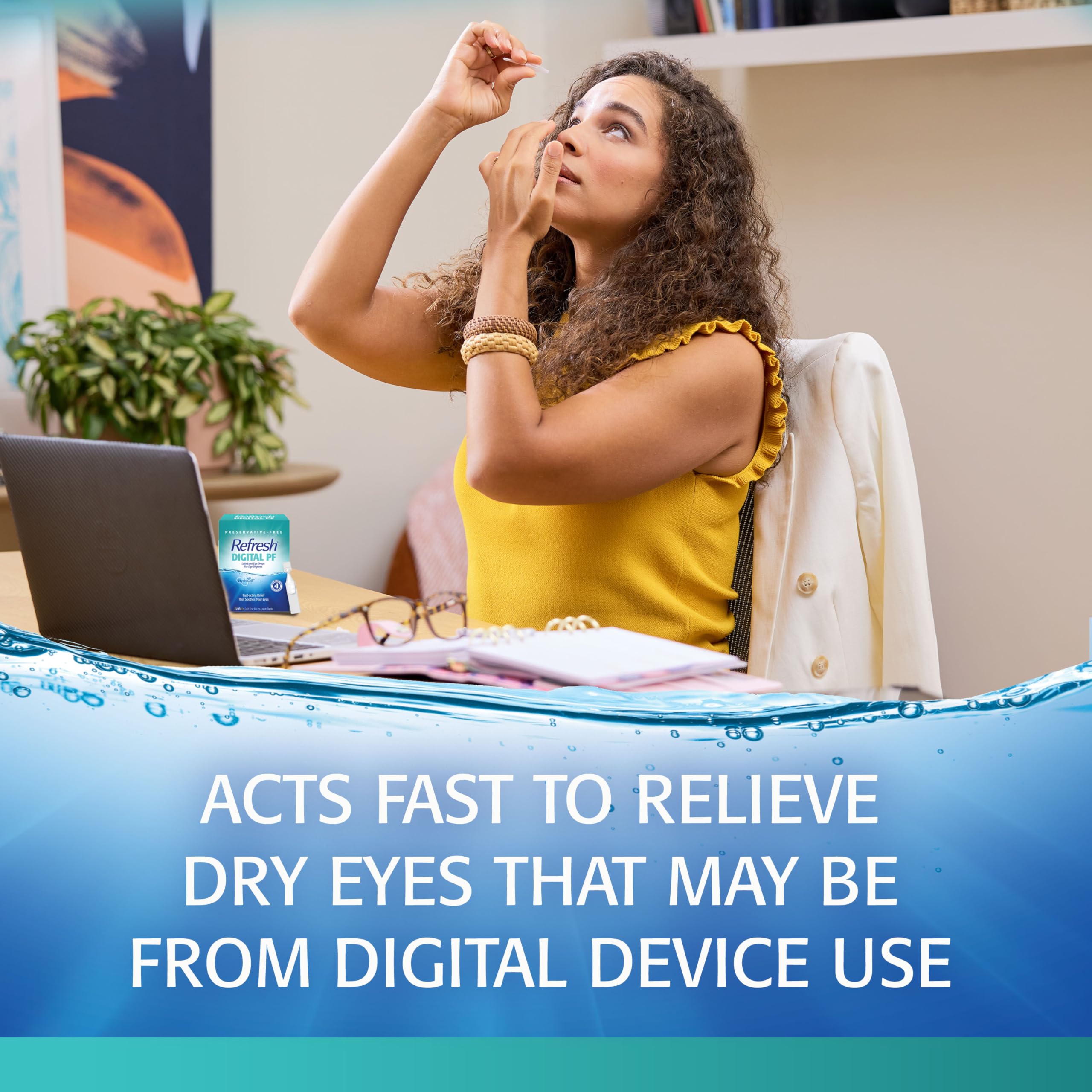 Holding a Refresh Digital PF vial demonstrates portable eye care.