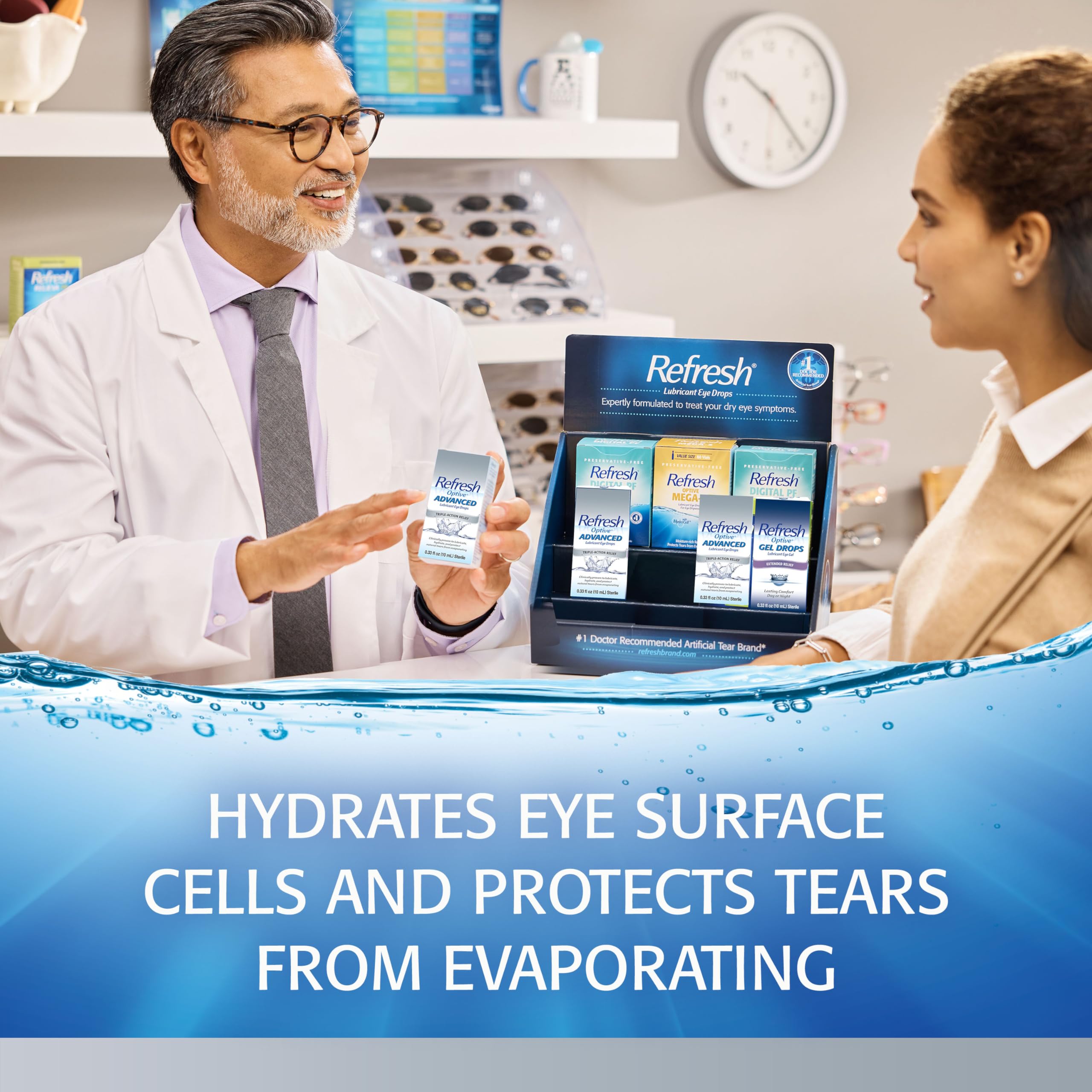 Refresh Optive Advanced drops close-up delivering instant hydration for eyes