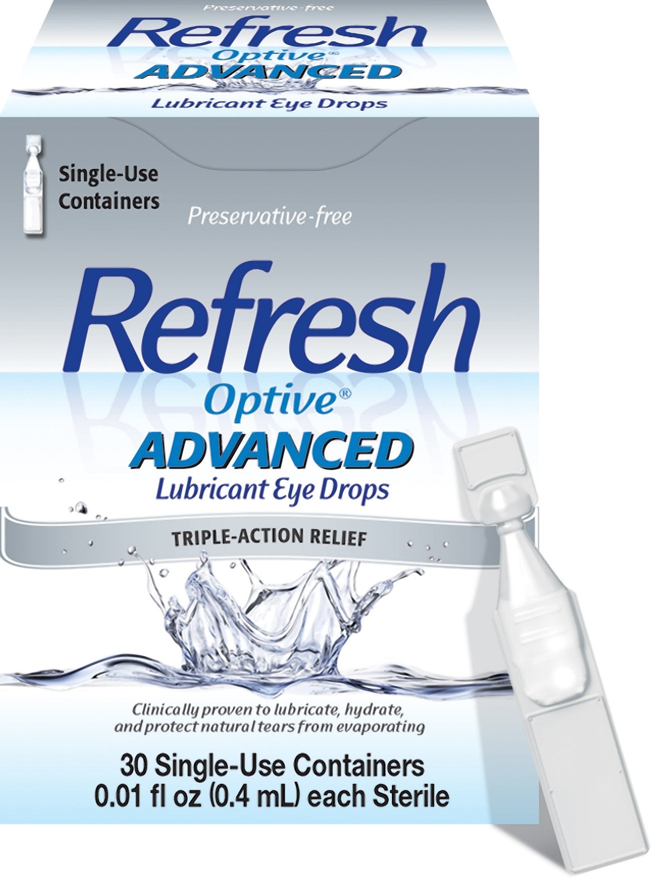 Refresh Optive Advanced eye drops packaging showing convenience and preservative-free relief for dry eyes.