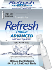 Refresh Optive Advanced eye drops packaging showing convenience and preservative-free relief for dry eyes.