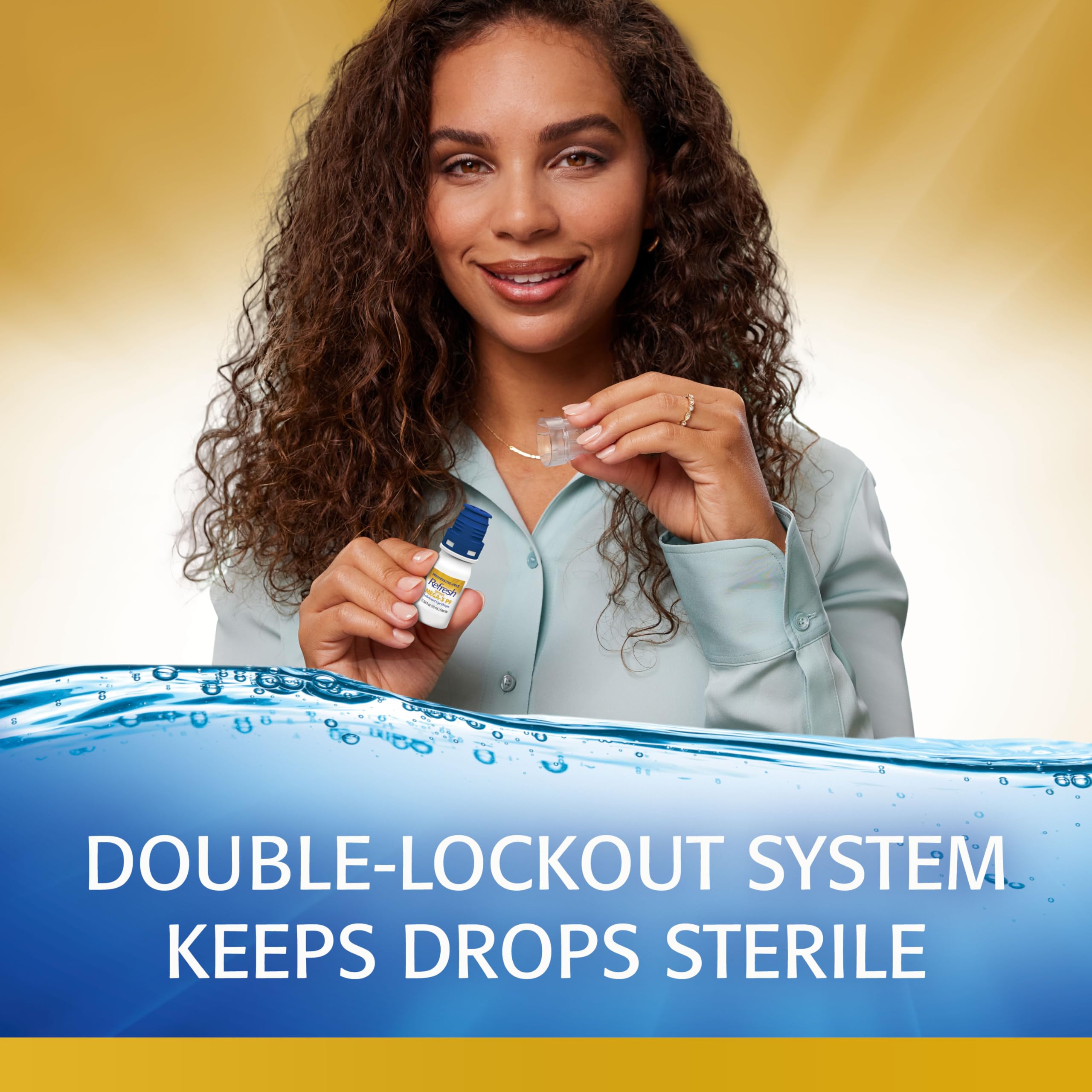 Refresh Optive Mega-3 PF applying drops illustration for eye care routine.
