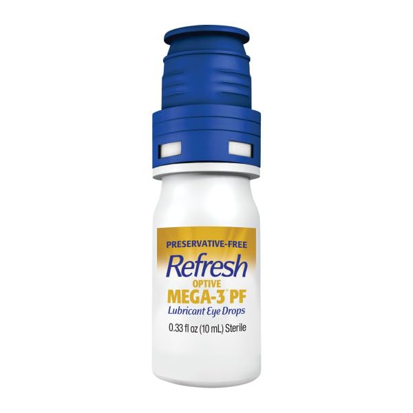 Refresh Optive Mega-3 PF soft-squeeze bottle dispensing a precise drop.