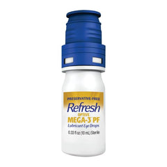 Refresh Optive Mega-3 PF soft-squeeze bottle dispensing a precise drop.