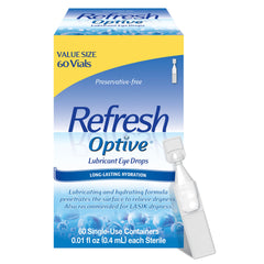 Refresh Optive packaging box shows preservative-free eye drops for daily use