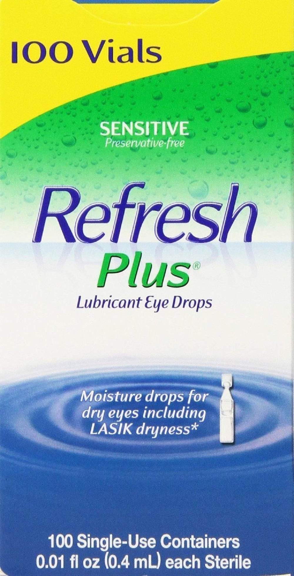 Refresh Plus eye drops single-use vials for hygienic on-the-go application.