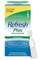 Refresh Plus packaging and vials, convenient preservative-free option for sensitive eyes.