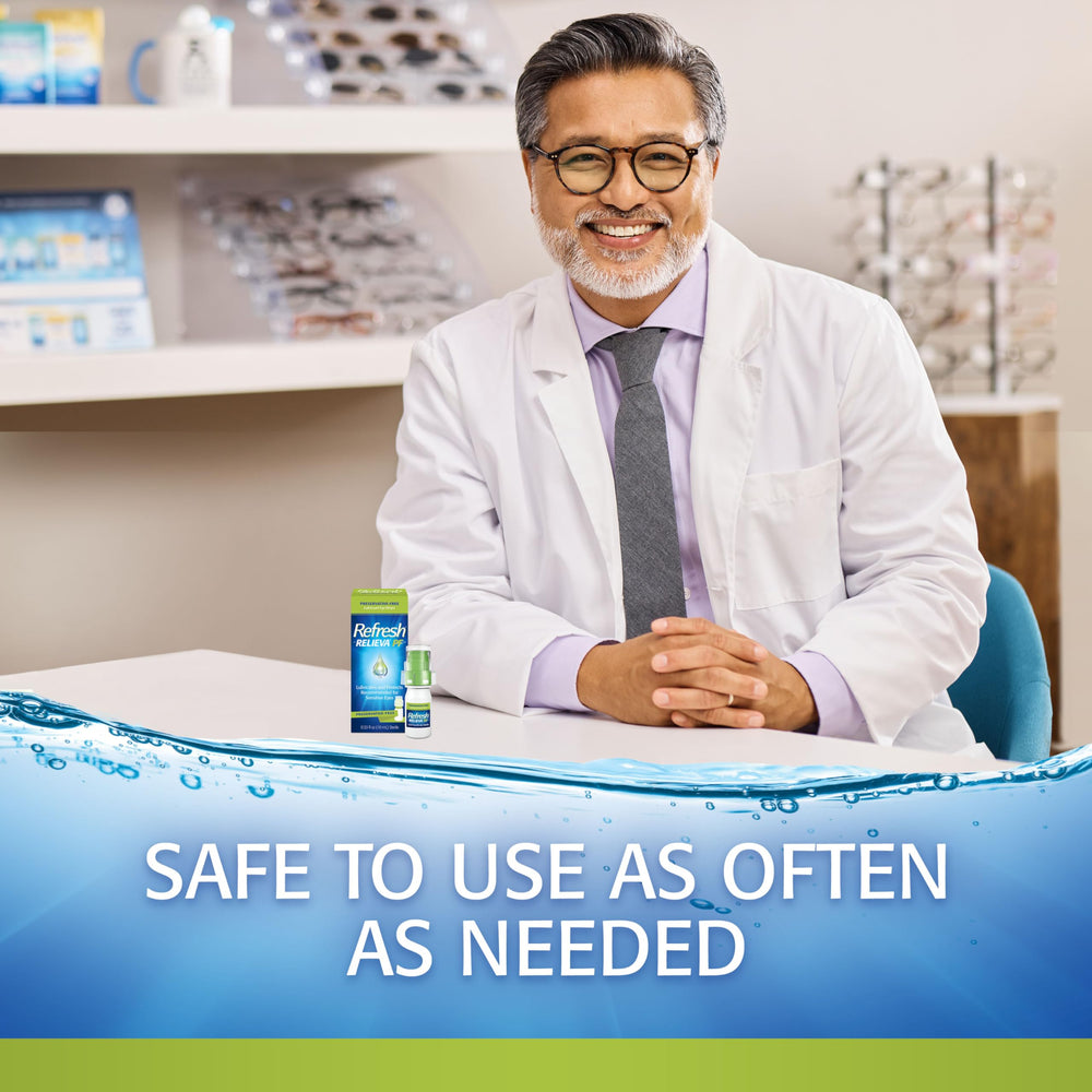REFRESH RELIEVA PF multidose bottle in use during daily eye care routine