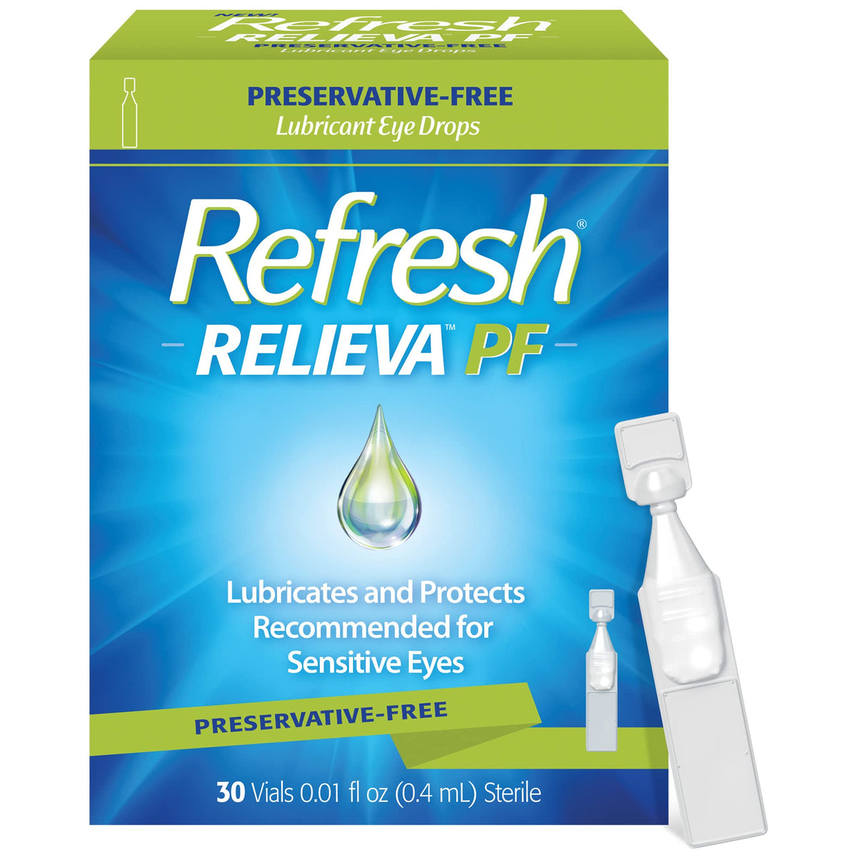 Refresh Relieva PF eye drops bottle showing on-the-go moisture relief