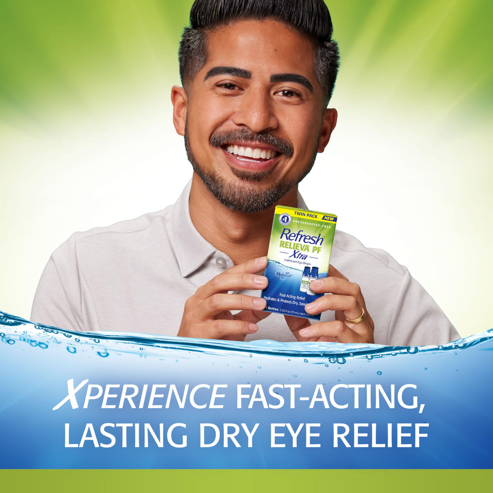 Refresh RELIEVA PF Xtra label closeup highlights clear, preservative-free formula.