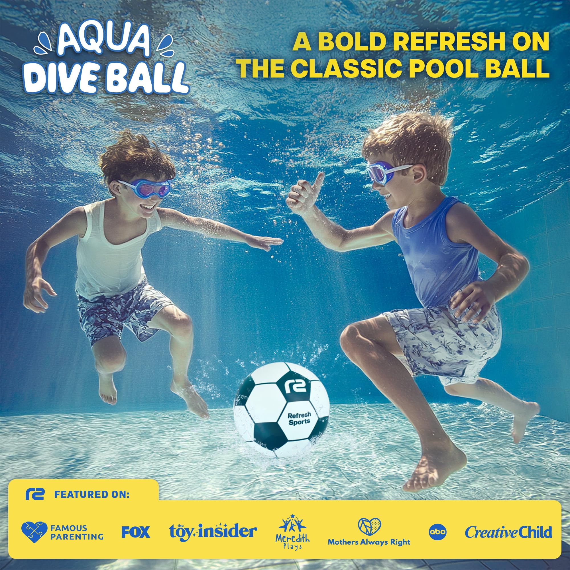 Refresh Sports Aqua Dive Ball being kicked underwater for energetic pool games