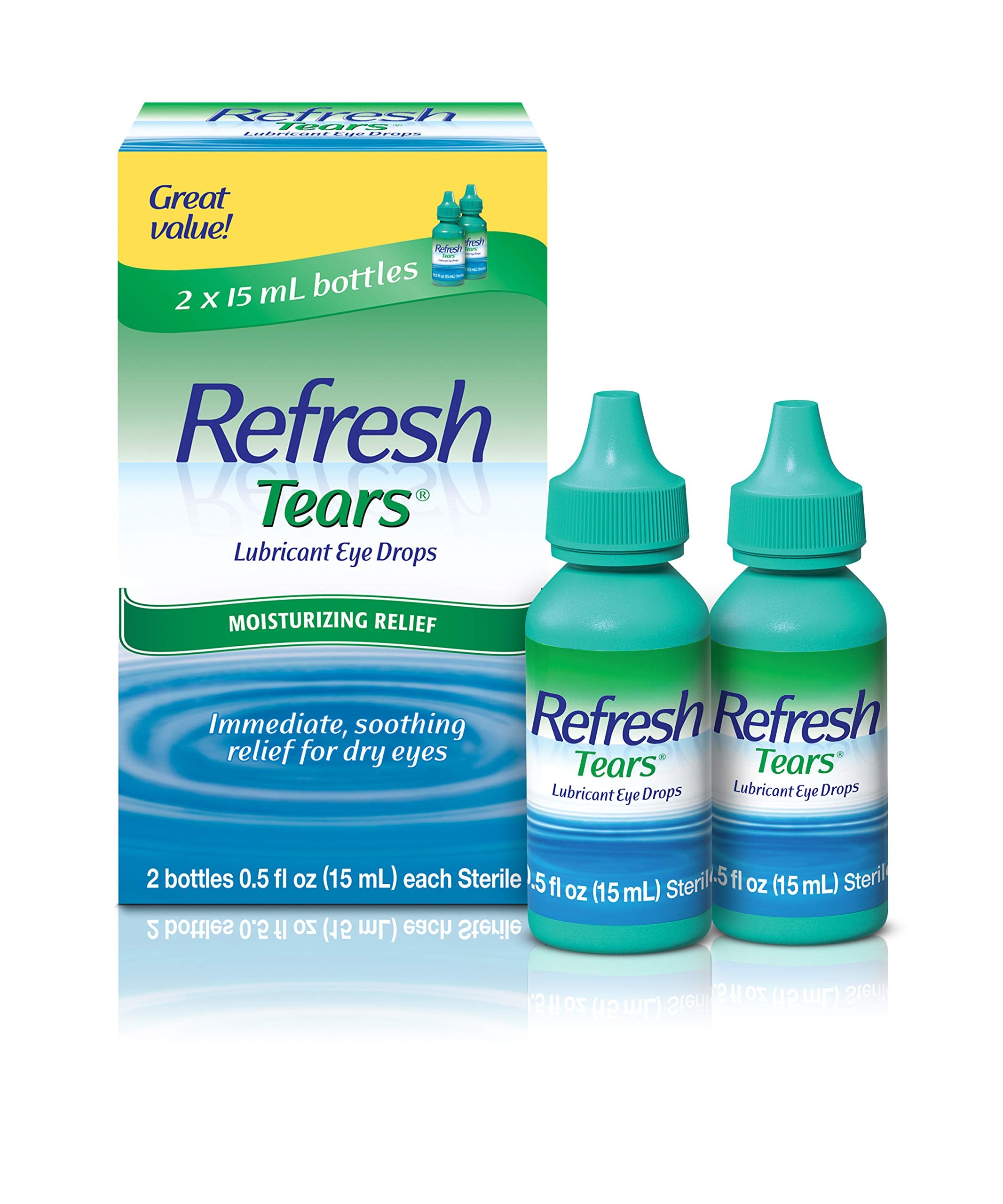 Refresh Tears two-bottle pack ideal for daily lubrication and on-the-go relief.