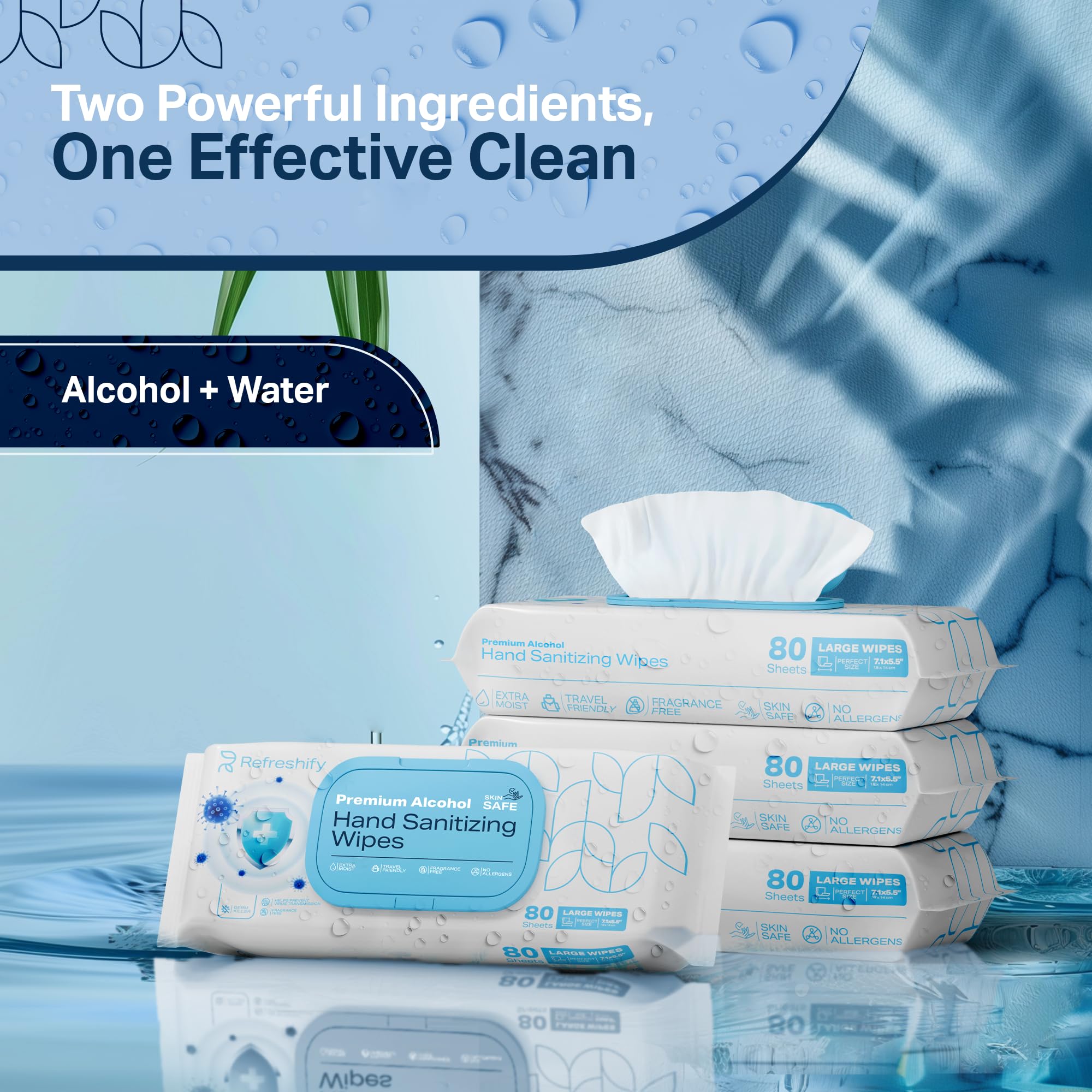 REFRESHIFY 75% alcohol label signals strong germ protection for hands and surfaces.