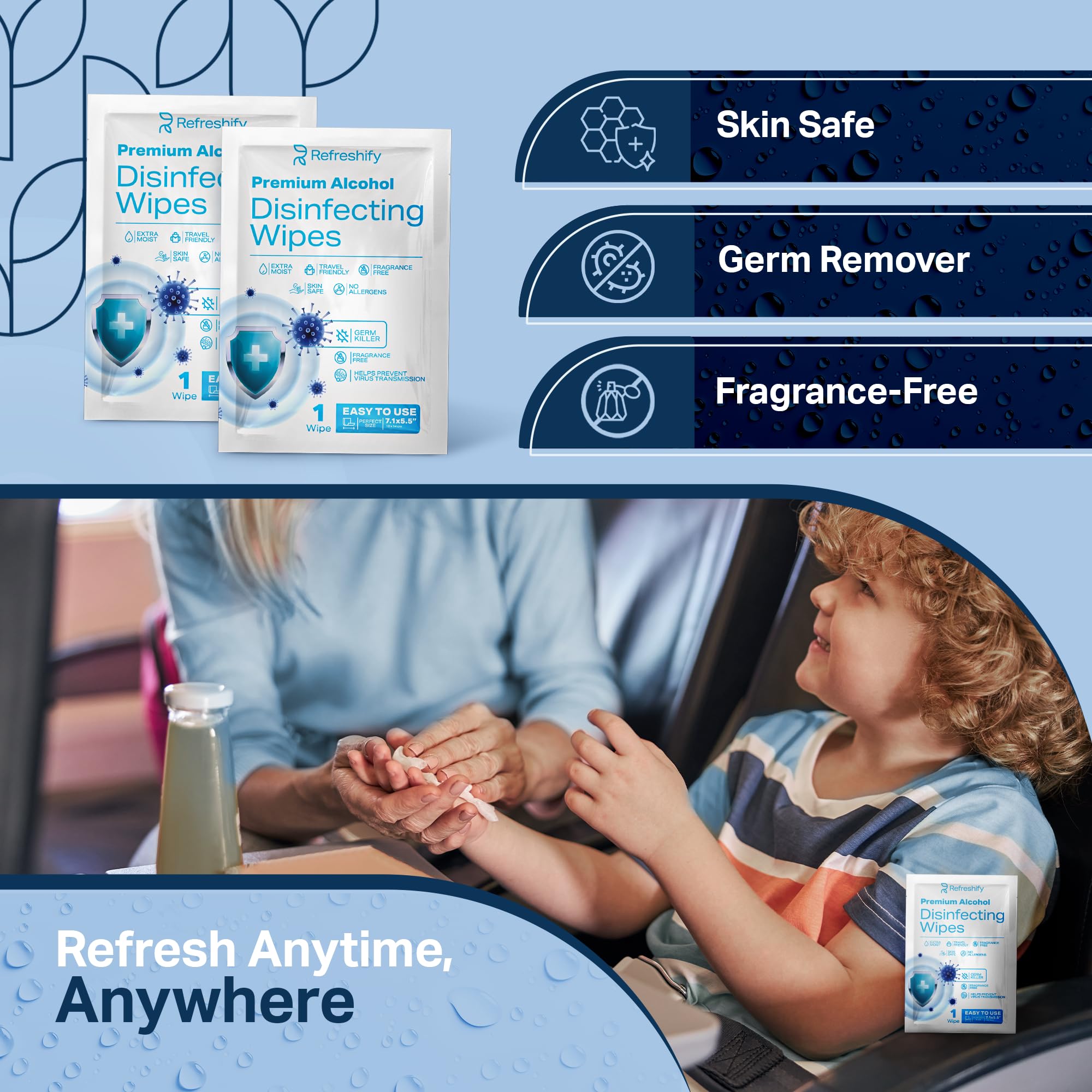 REFRESHIFY travel pack with 80 wipes fits purses, bags, and cars.