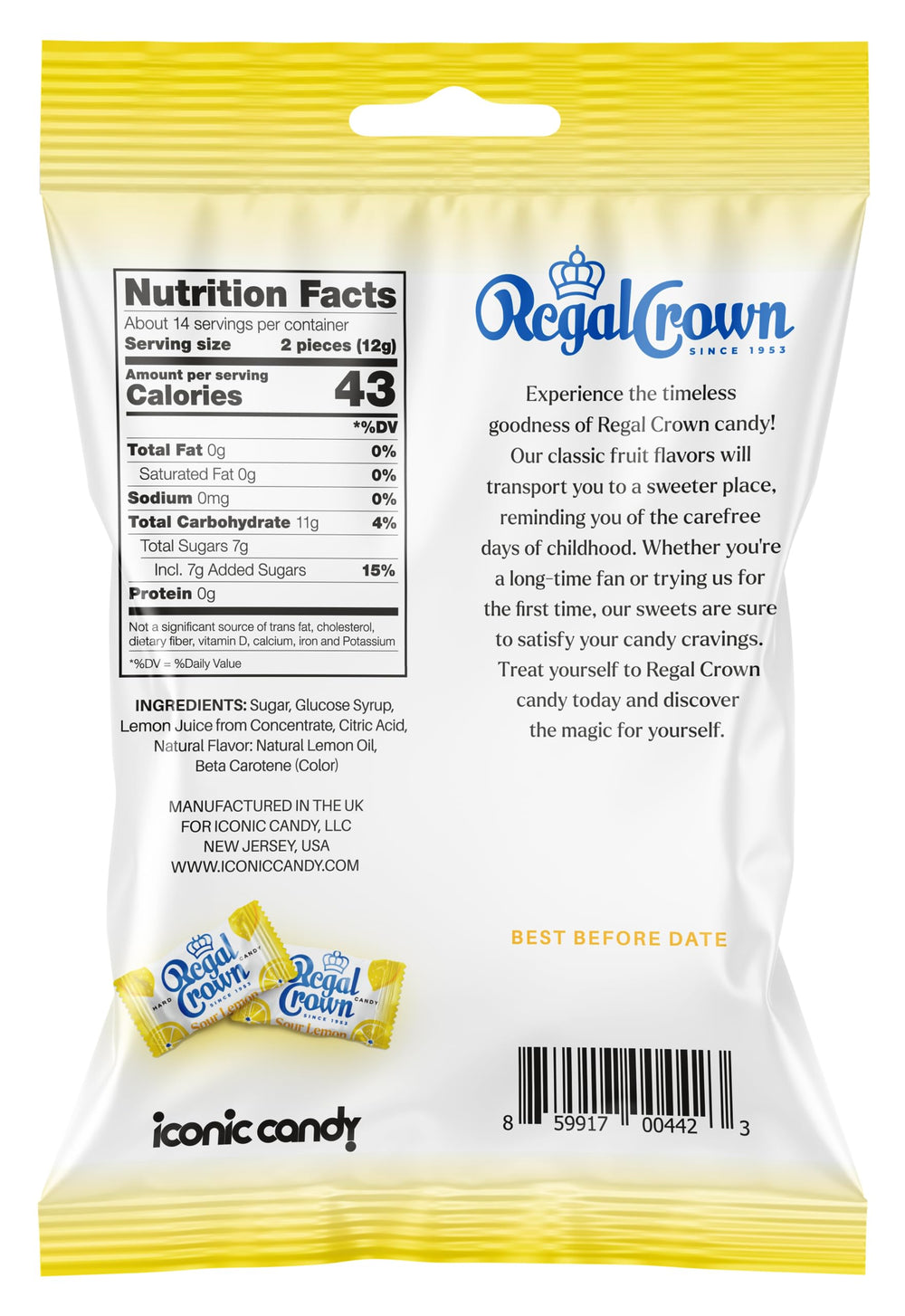 Regal Crown Sour Lemon wrapper closeup shows individually wrapped pieces