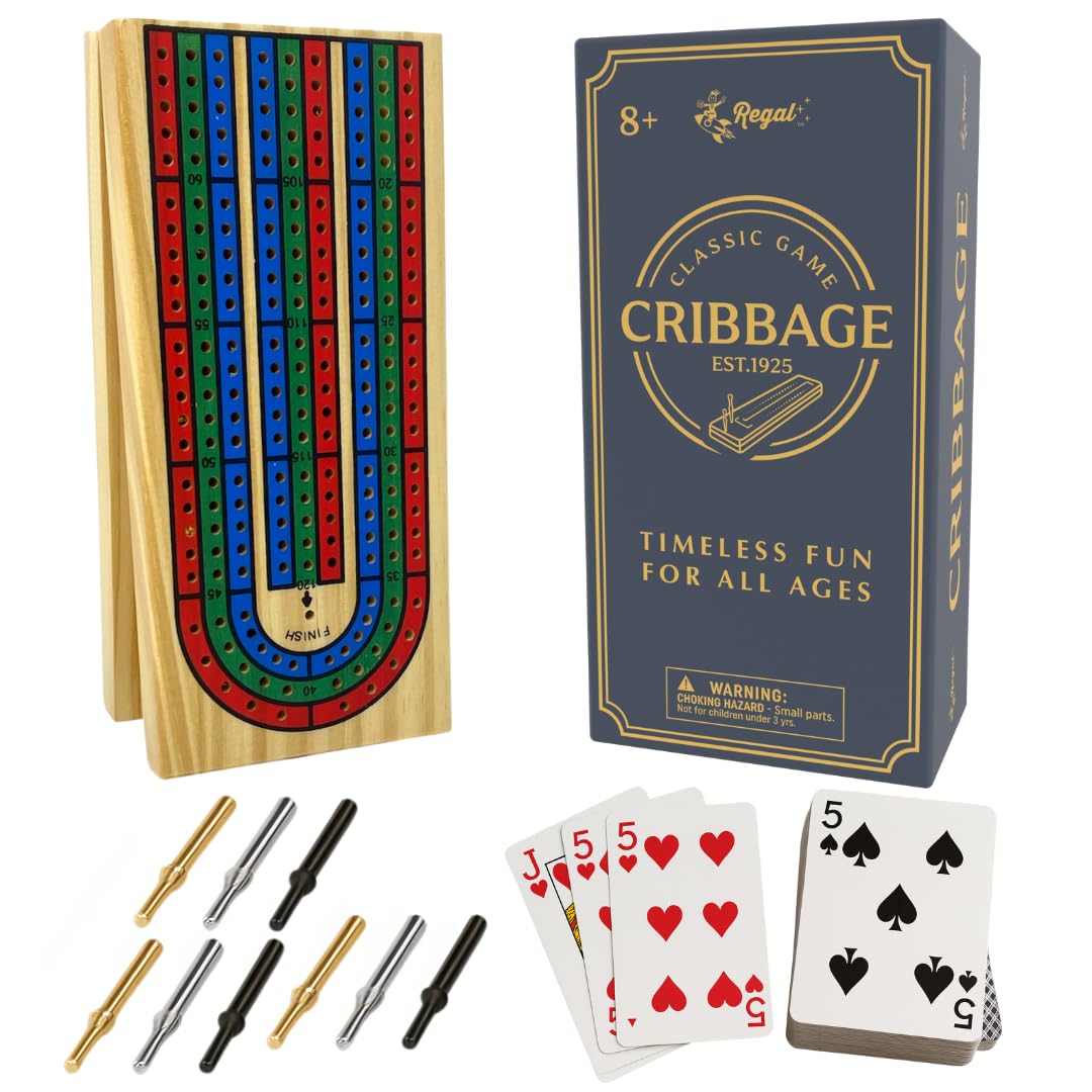 Regal Games Cribbage board: durable wooden surface for family game nights.