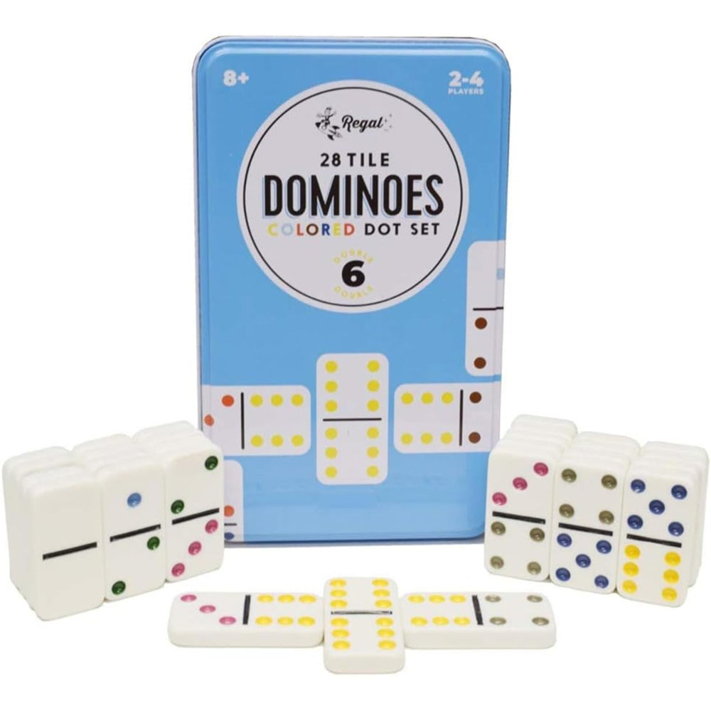 Regal Games Double 6 dominoes with colorful tiles for bright, easy-to-see gameplay.