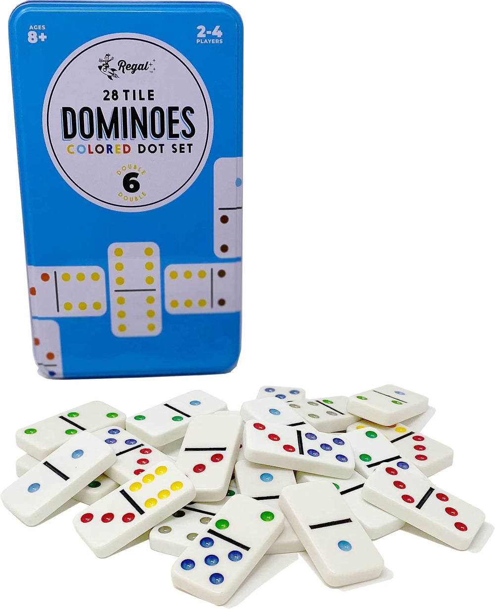 Regal Games Double 6 domino chain demonstrates play sequences for 2 to 4 players.