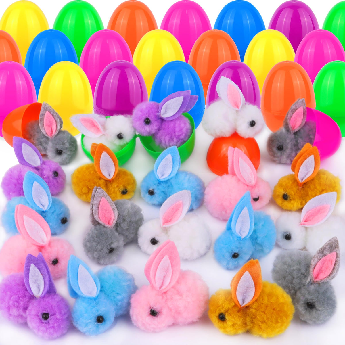 REGTEB 36-pack Easter eggs with plush bunny toys for festive egg hunts.