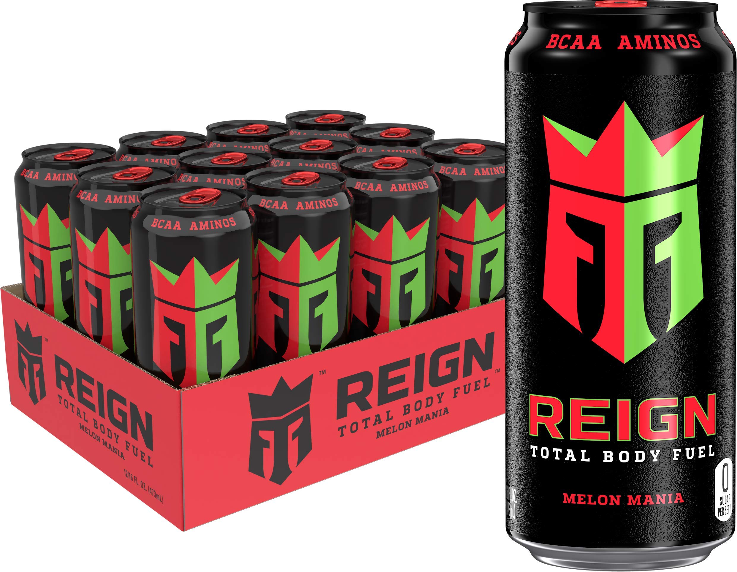 Reign Melon Mania bottle highlights zero sugar for active athletes.