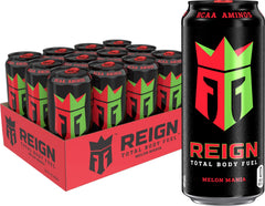 Reign Melon Mania bottle highlights zero sugar for active athletes.