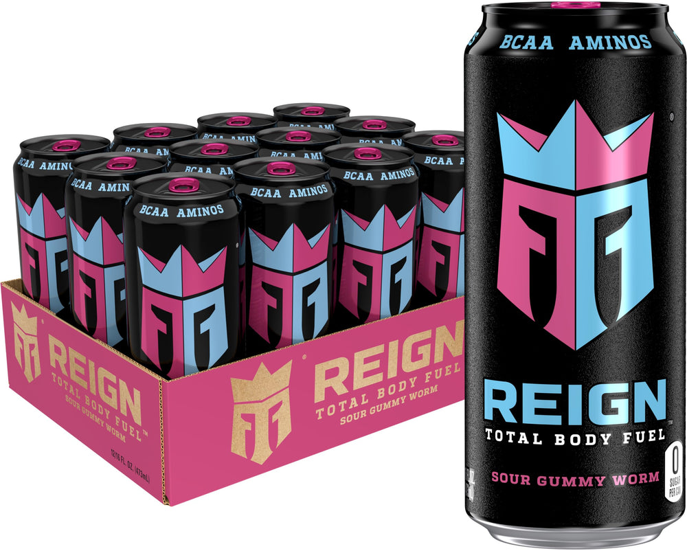 REIGN Sour Gummy Worm bottle front view for flavorful energy during workouts.