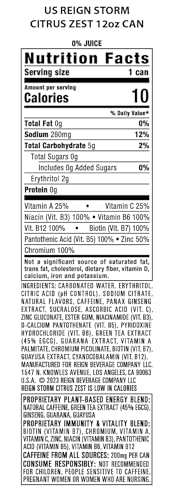 Nutrition label close-up on REIGN Storm Citrus Zest highlights clean ingredients.