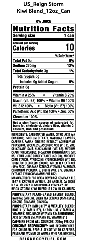 REIGN Storm Kiwi Blend bottle label closeup emphasizes pasteurized safety and plant-based caffeine