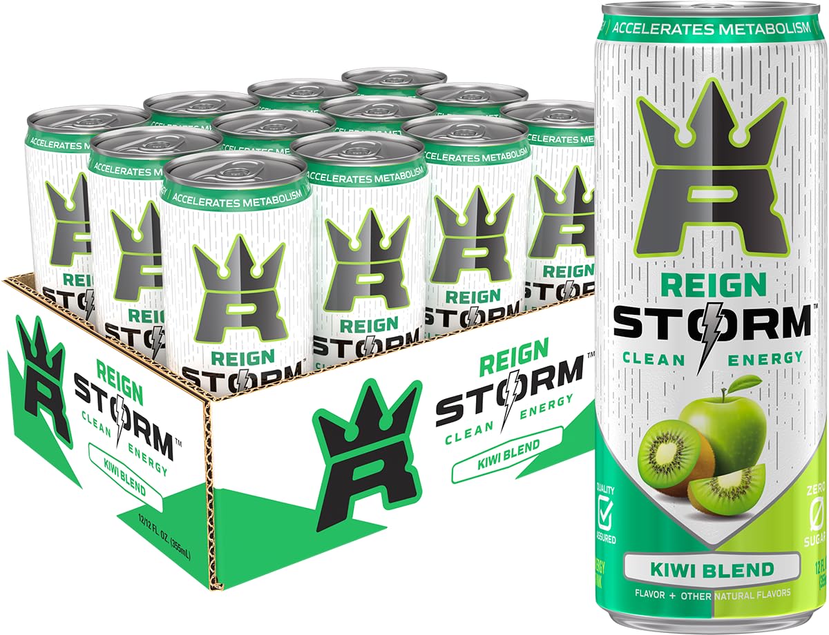REIGN Storm Kiwi Blend can closeup highlights kiwi and green apple flavor for refreshing energy