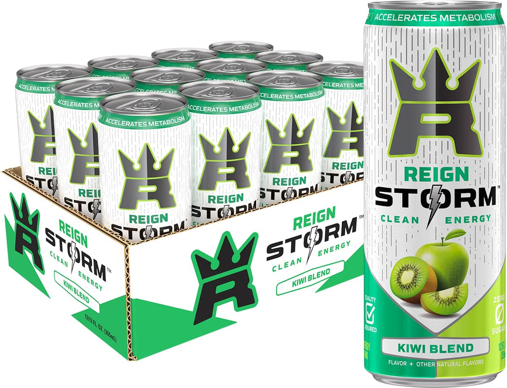 REIGN Storm Kiwi Blend can closeup highlights kiwi and green apple flavor for refreshing energy