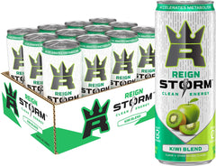 REIGN Storm Kiwi Blend can closeup highlights kiwi and green apple flavor for refreshing energy