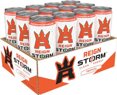 REIGN Storm Tropical front label view highlighting bold branding and tropical flavor.